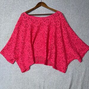 Magna Women's Bright Pink Lace Poncho Top Boat Neck Batwing Sleeve